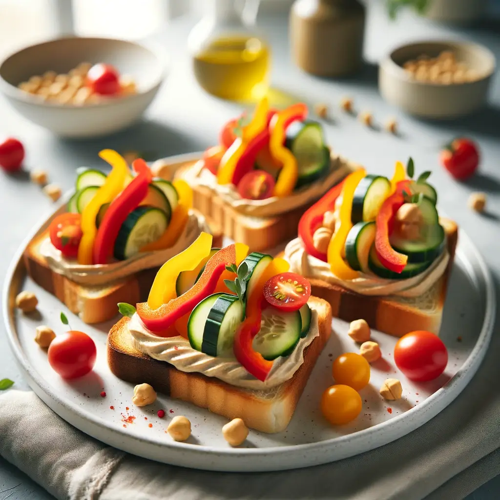 Torradas com Pasta de Grão-de-Bico e Legumes